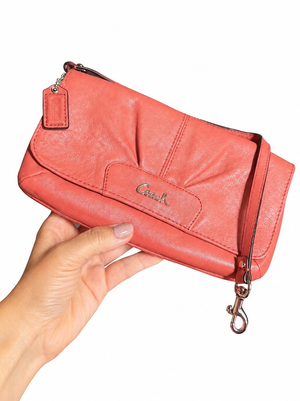 Coach Coral/Salmon Leather Convertible Wristlet Clutch Gathered Front Logo Purse - Picture 5 of 9